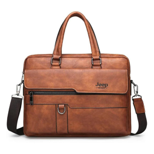 JEEP BULUO LEATHER LAPTOP BAG,BLACK,D/L BROWN